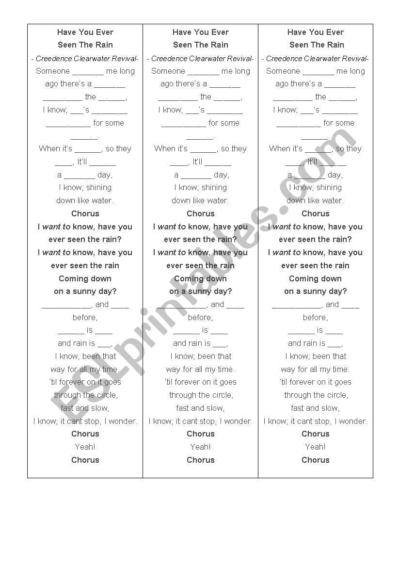 Have You Ever See the Rain worksheet