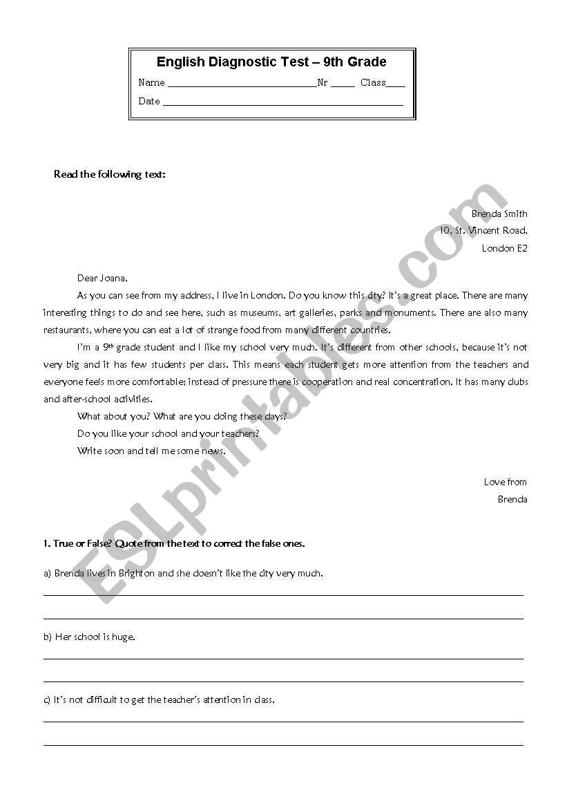 diagnostic test worksheet