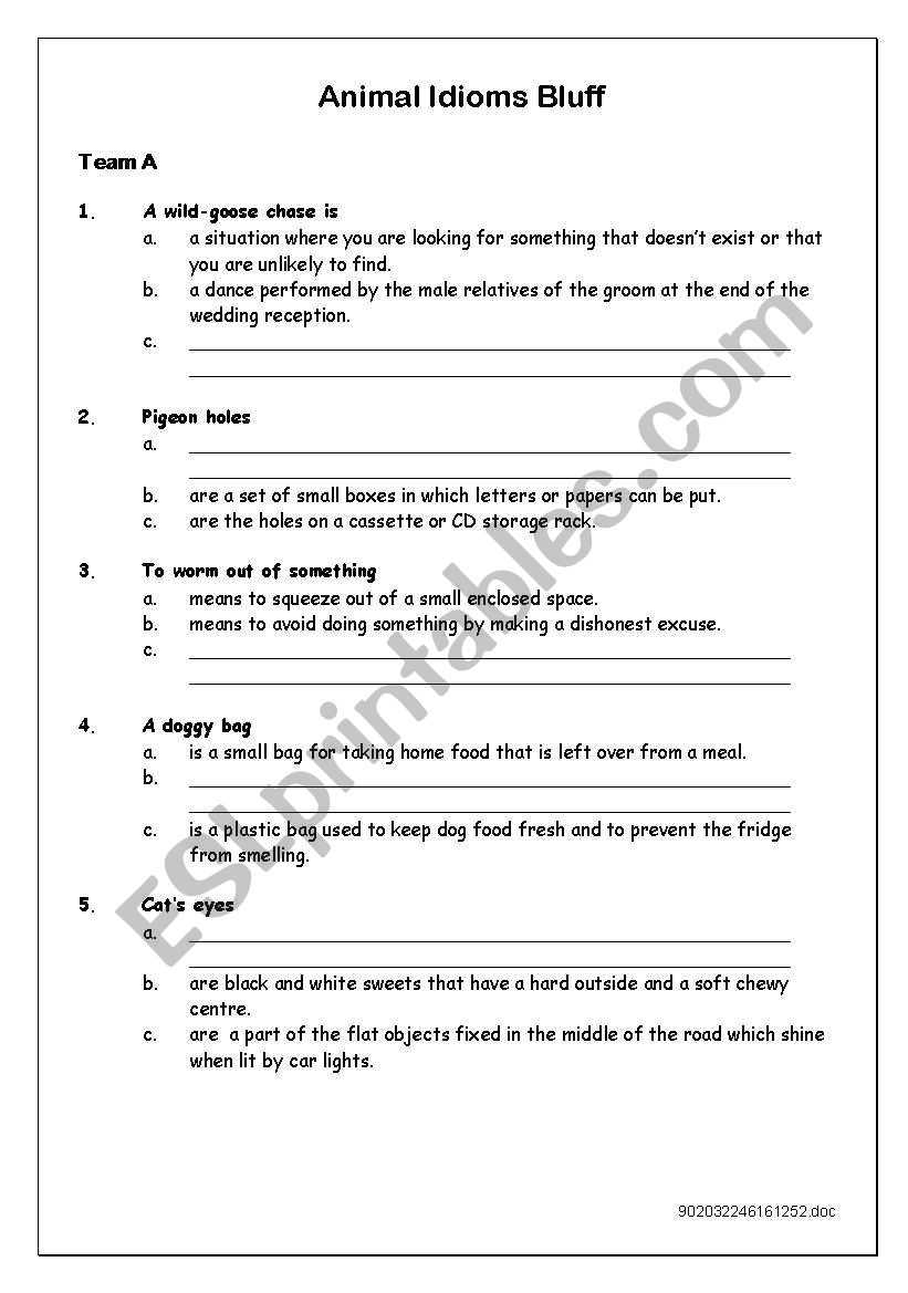 Animal idioms bluff worksheet