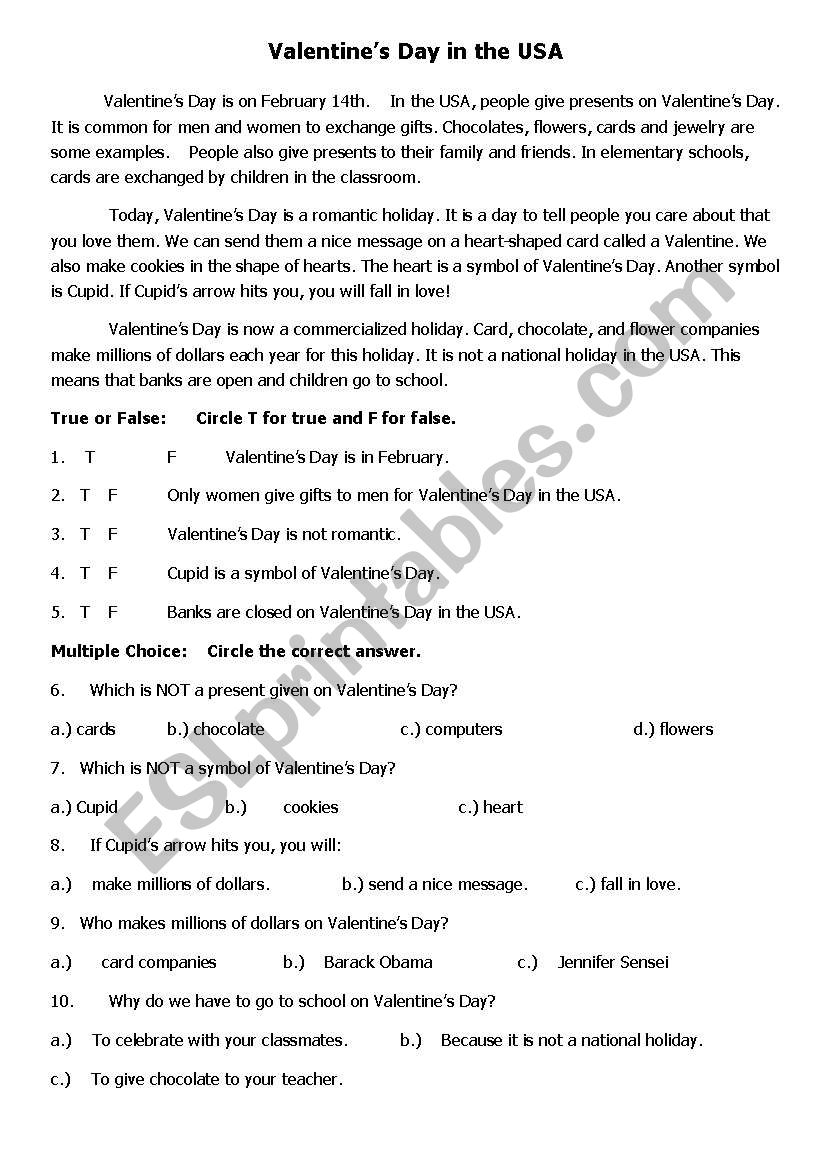 Valentine´s Day in the USA - ESL worksheet by LaSensei