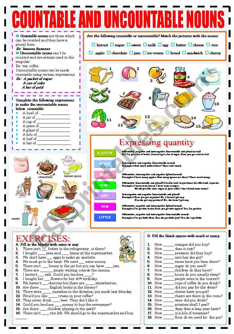 COUNTABLE AND UNCOUNTABLE NOUNS ESL Worksheet By Katiana