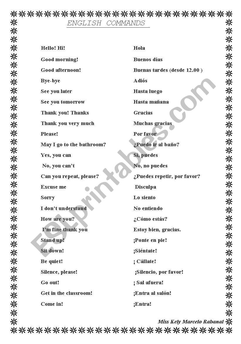 english commands worksheet