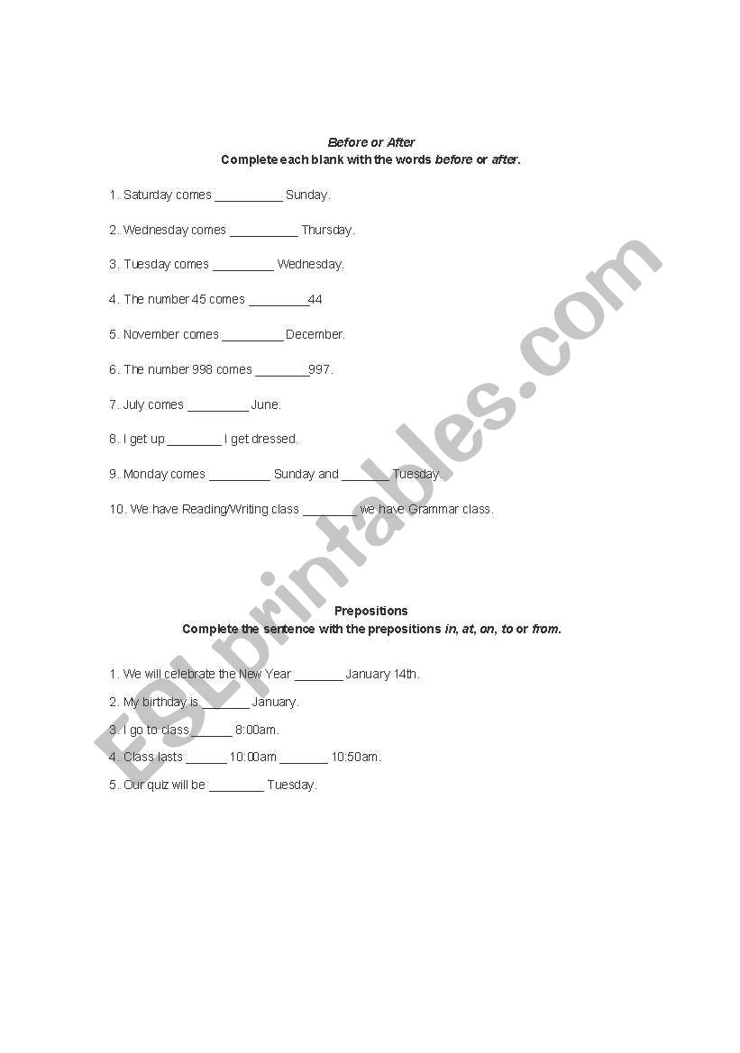 Prepositions in, at, on, to, from