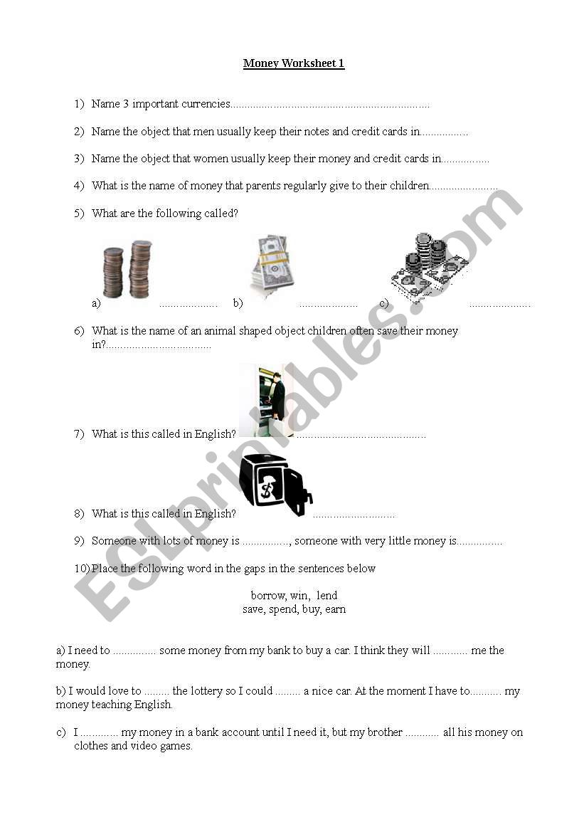 Money Vocabulary worksheet