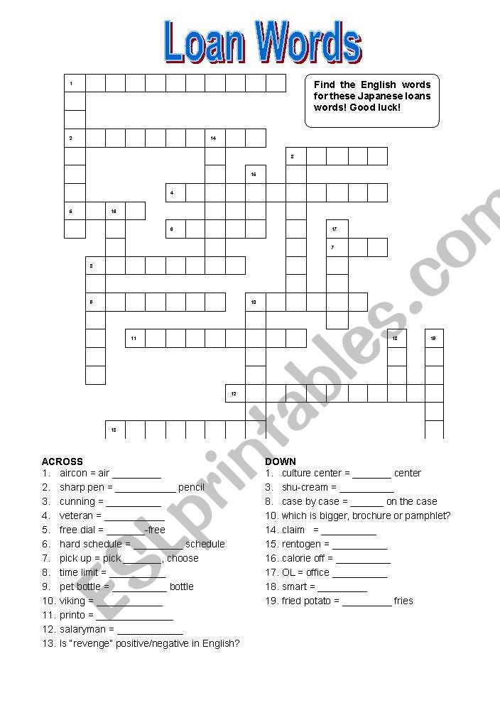 English Worksheets Japanese Katakana Loan Words