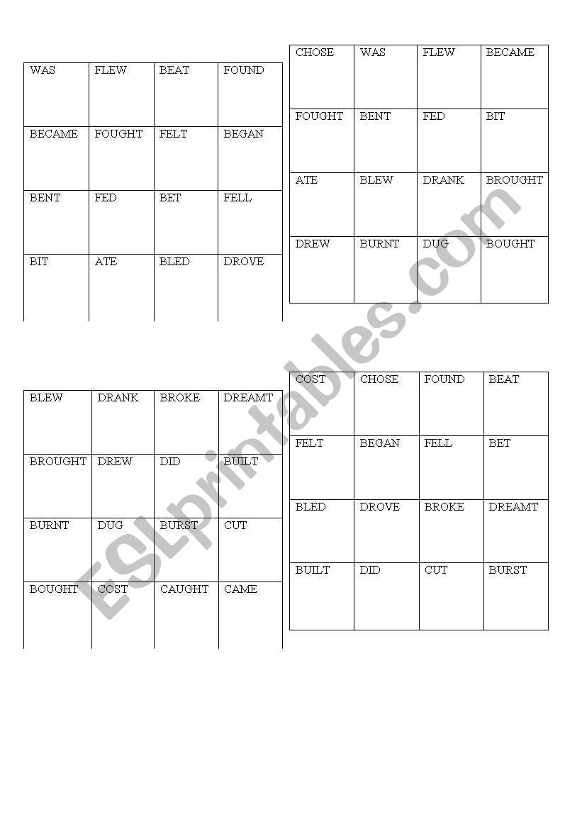 BINGO WITH PAST TENSES worksheet