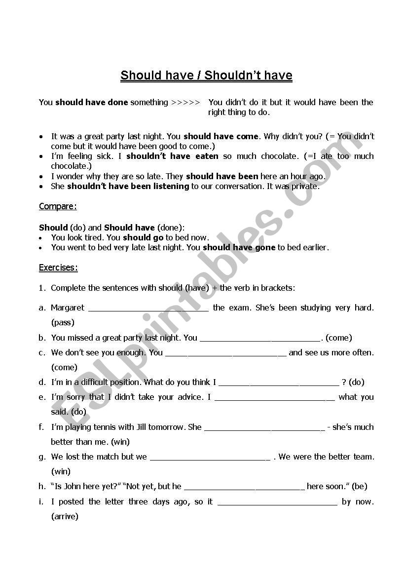 Should have vs. Shouldn´t have - ESL worksheet by katy.piauhy