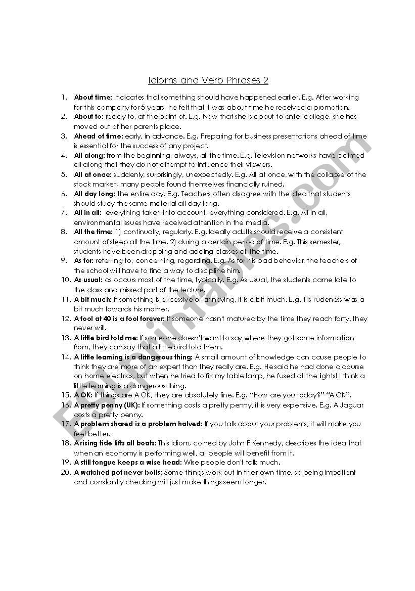 idioms and verbal phrases worksheet