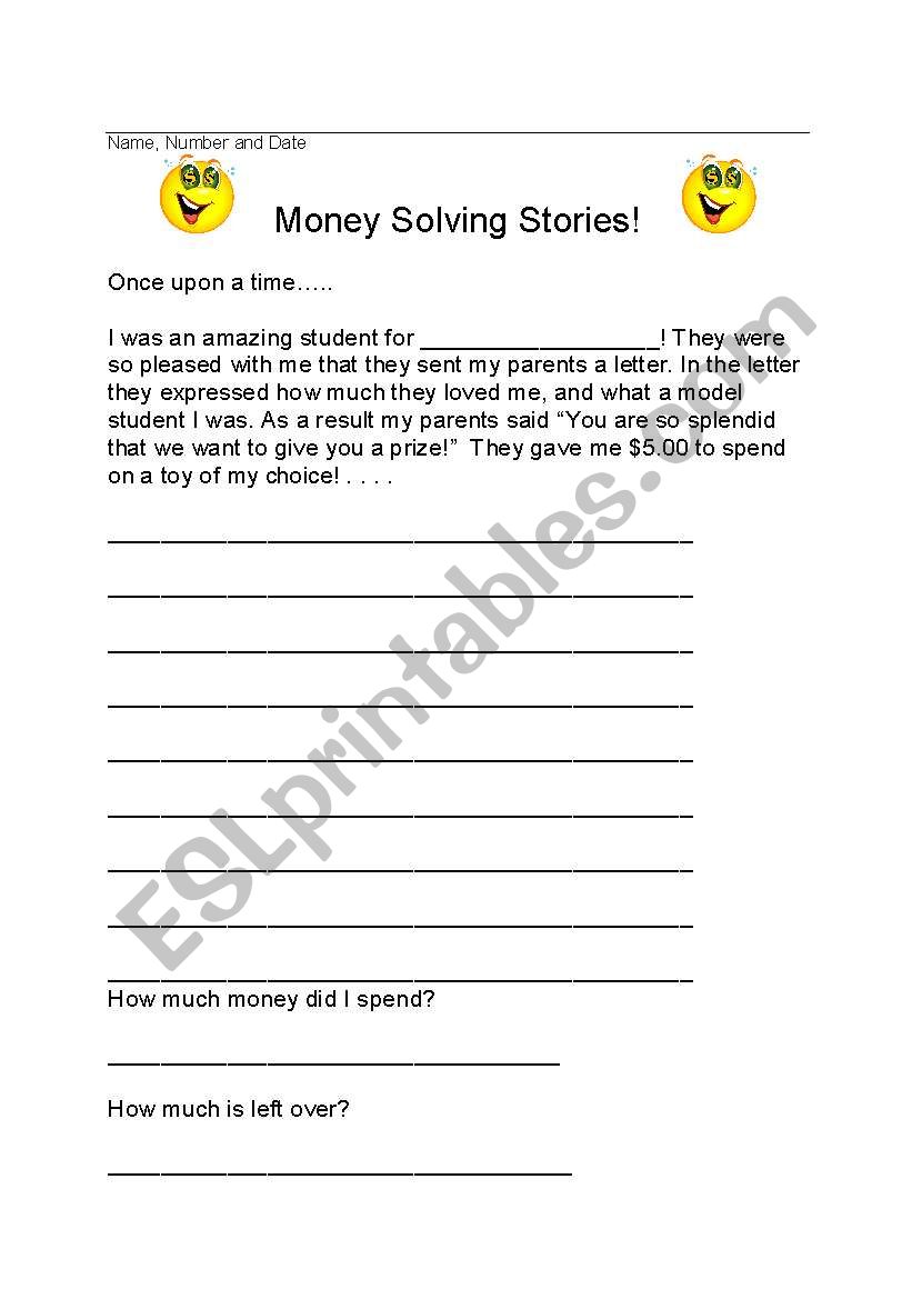 Money Solving Stories worksheet