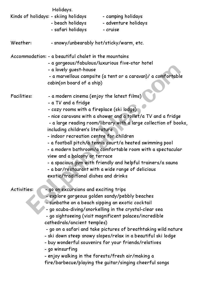 HOLIDAYS/ACCOMODATION worksheet