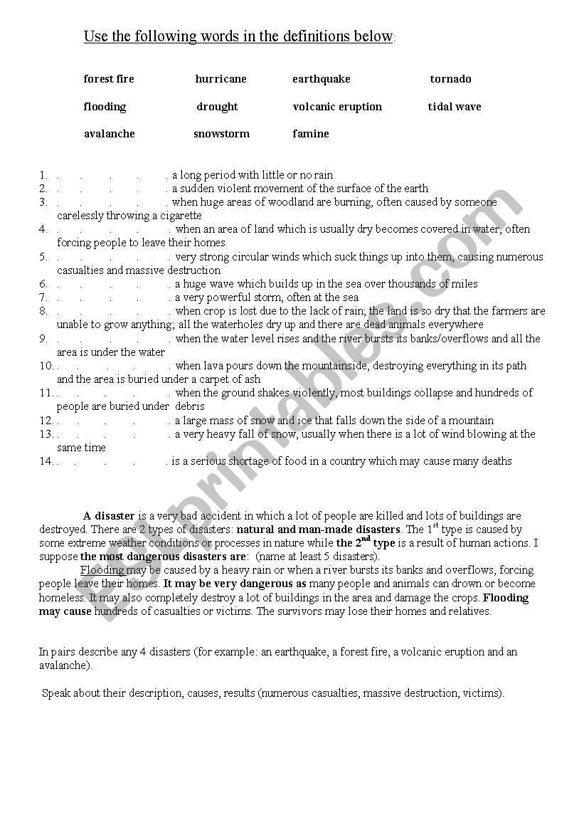 NATURAL DISASTERS worksheet