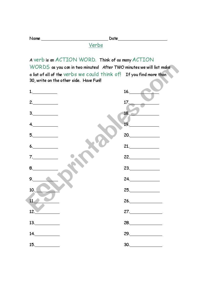 Search for Verbs worksheet