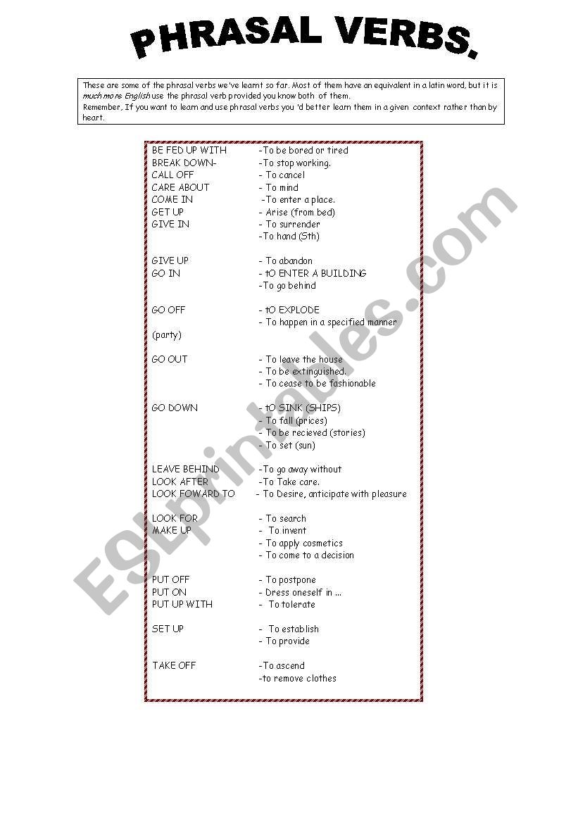 Phrasal Verbs Meanings Exercises key 