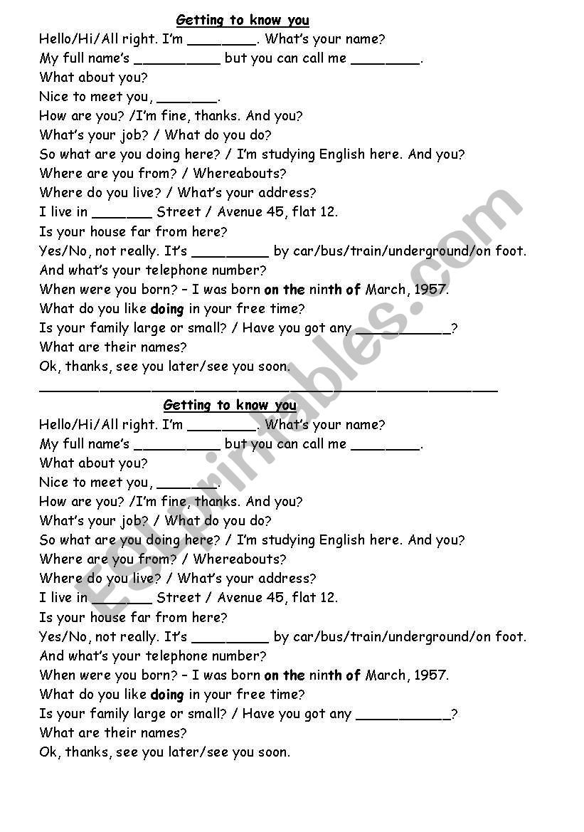 English worksheets: GETTING TO KNOW YOU