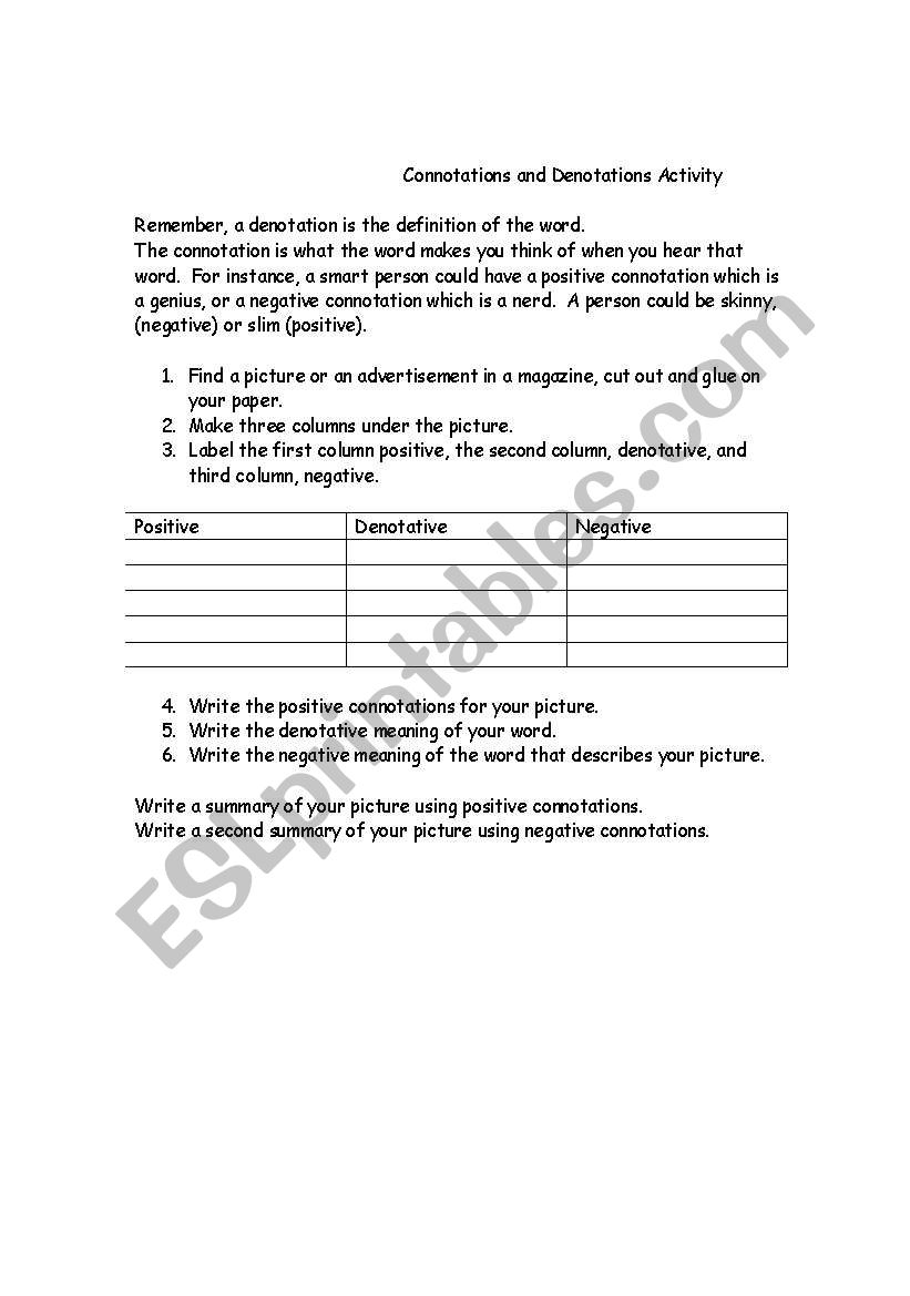 Denotation and Connotation Activity - ESL worksheet by donnacwise
