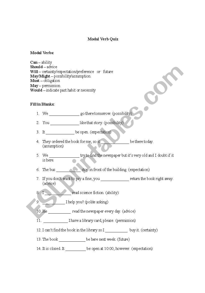 Modal Verb Quiz worksheet