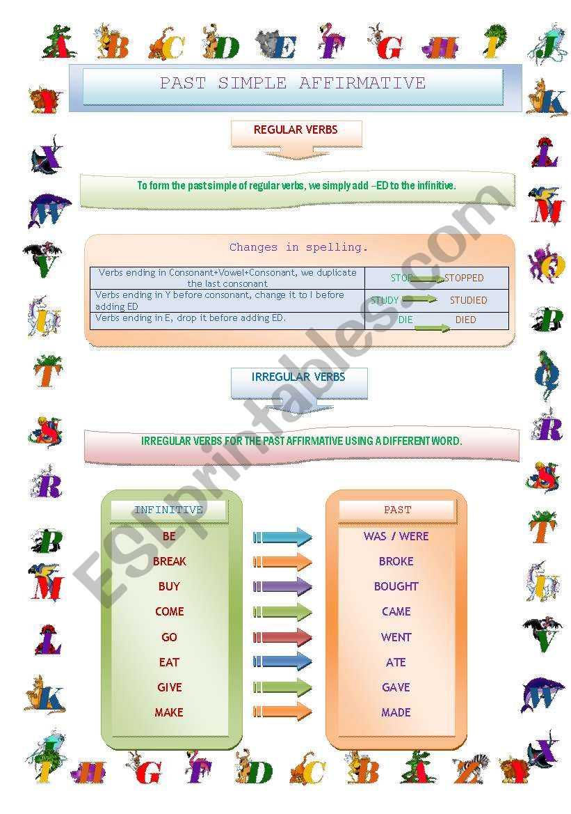 PAST SIMPLE AFFIRMATIVE REGULAR AND IRREGULAR ESL Worksheet By Profeglori