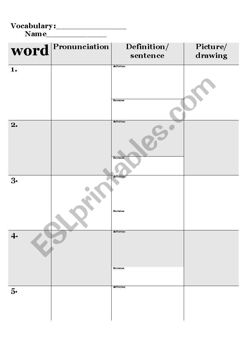 Vocabulary/ word chart worksheet