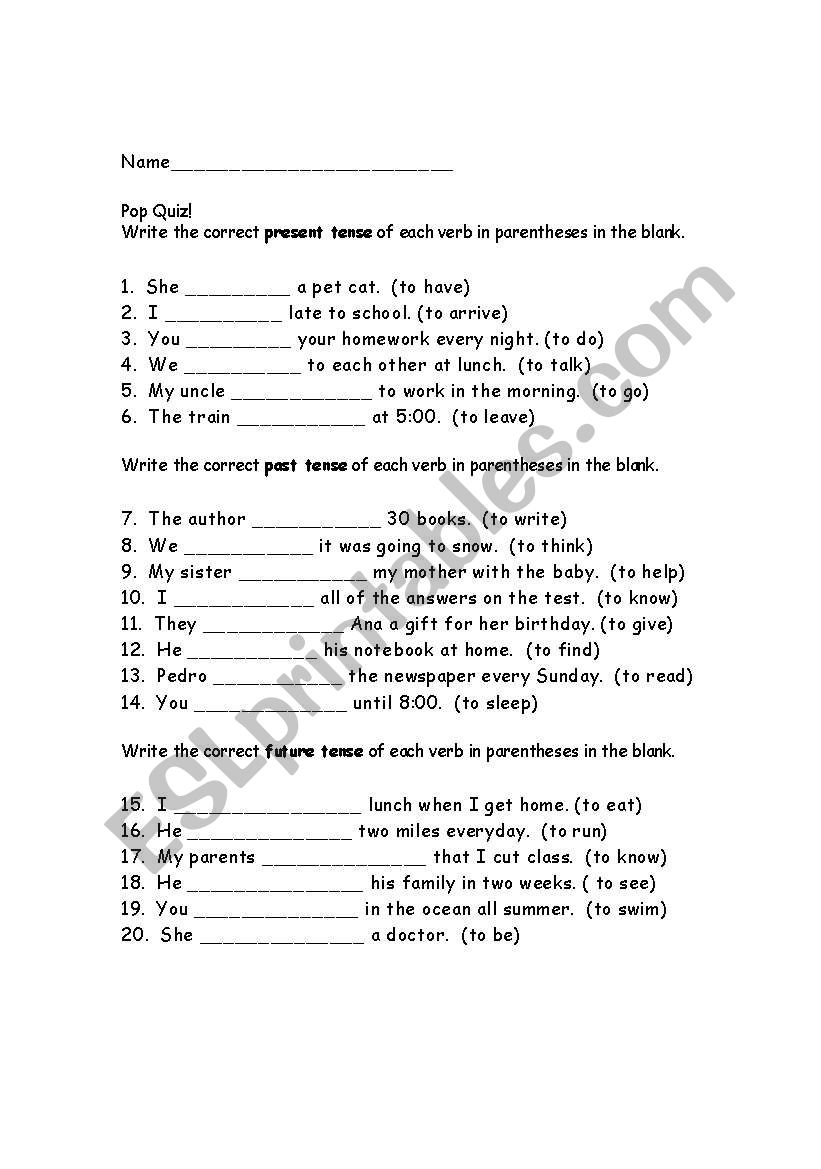 Verb Tense Quiz worksheet
