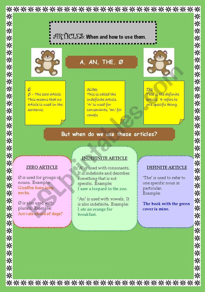 Articles How And When To Use Them ESL Worksheet By Sarahgriffin