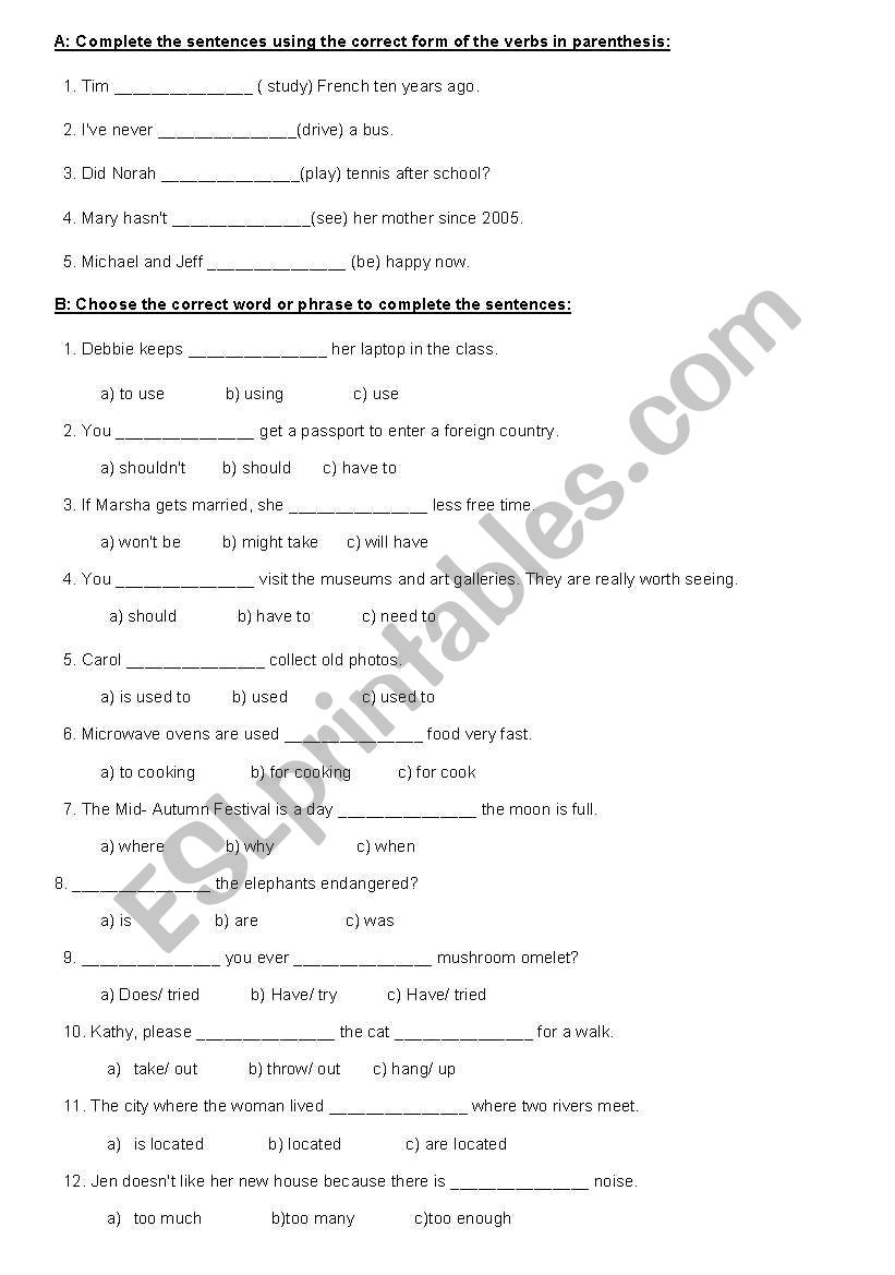 Grammar test worksheet