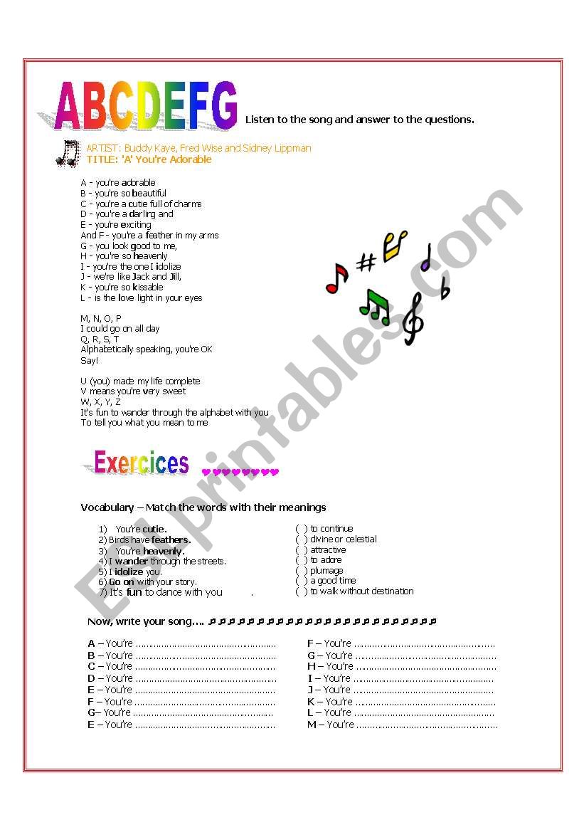 ´a´ You´re Adorable Song Lyrics Esl Worksheet By Dianasuzuki 0987