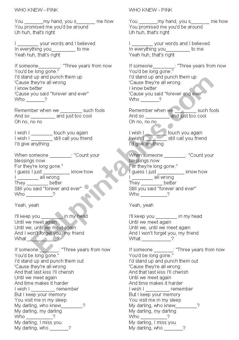 Song By Pink Who Knew worksheet