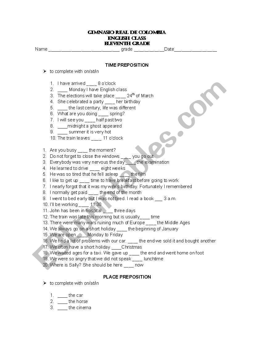 place and time preposition worksheet