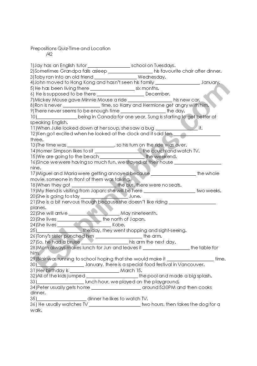 Prepositions Quiz 1-Time and Location