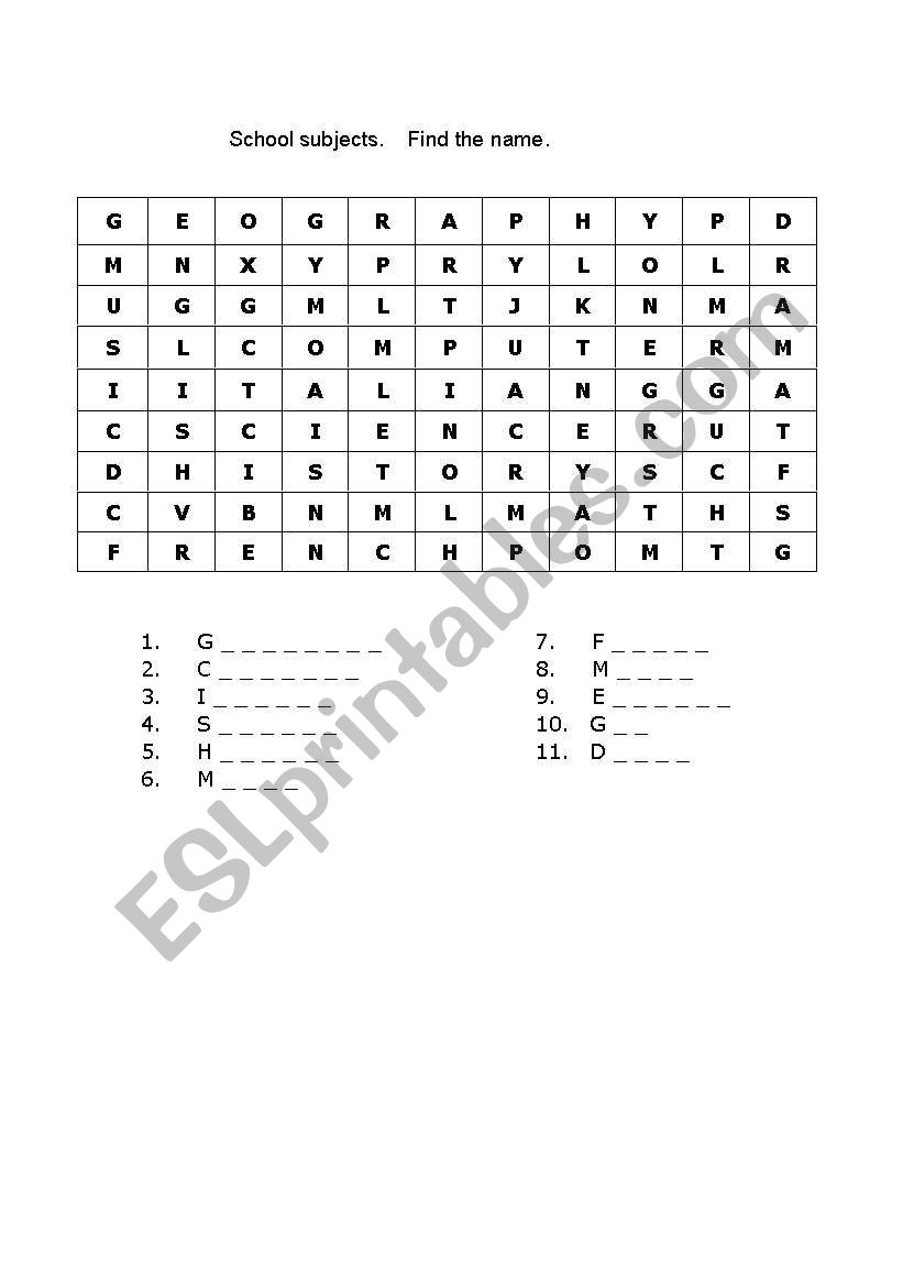 crossword - school subjects worksheet