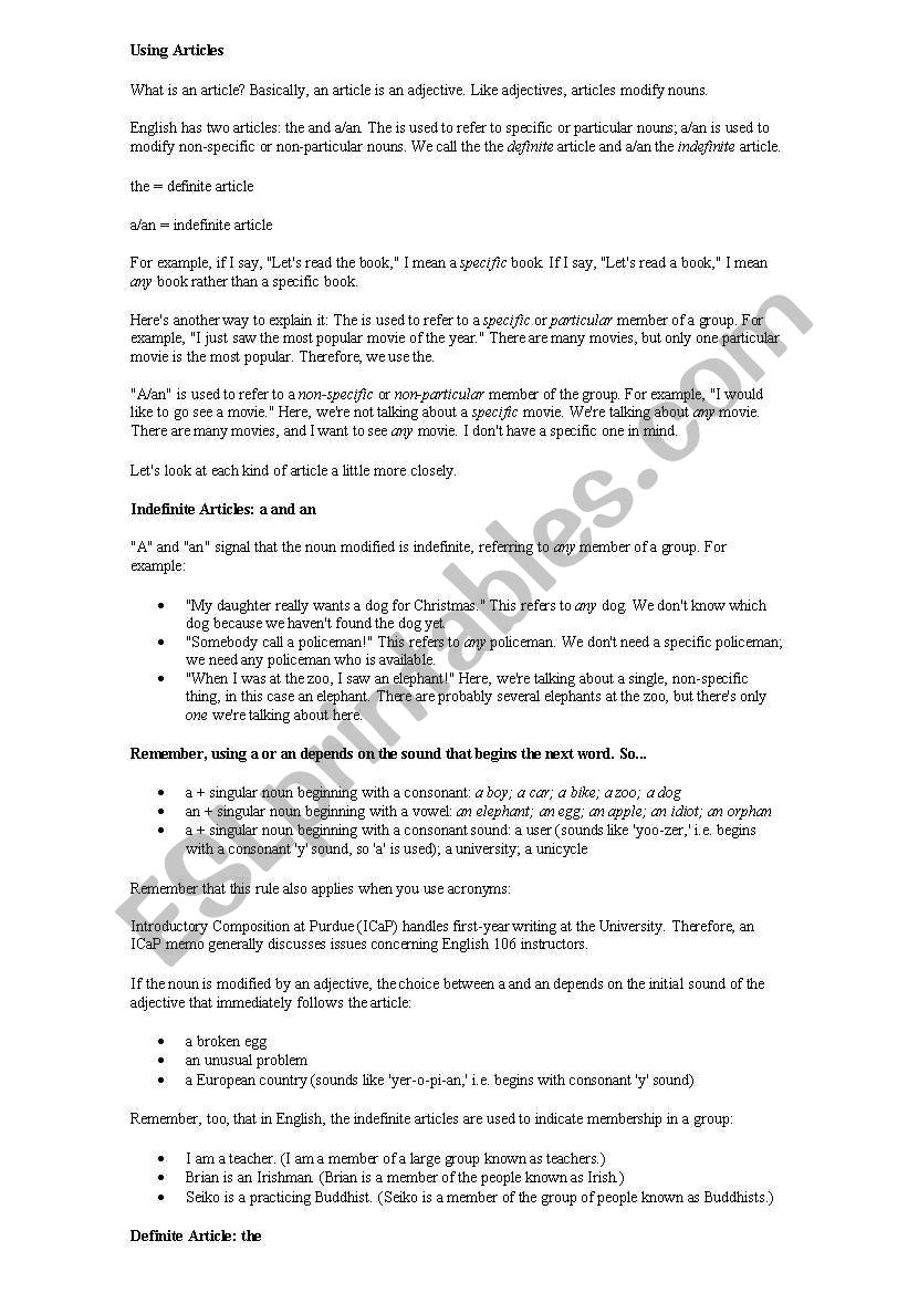 Articles worksheet