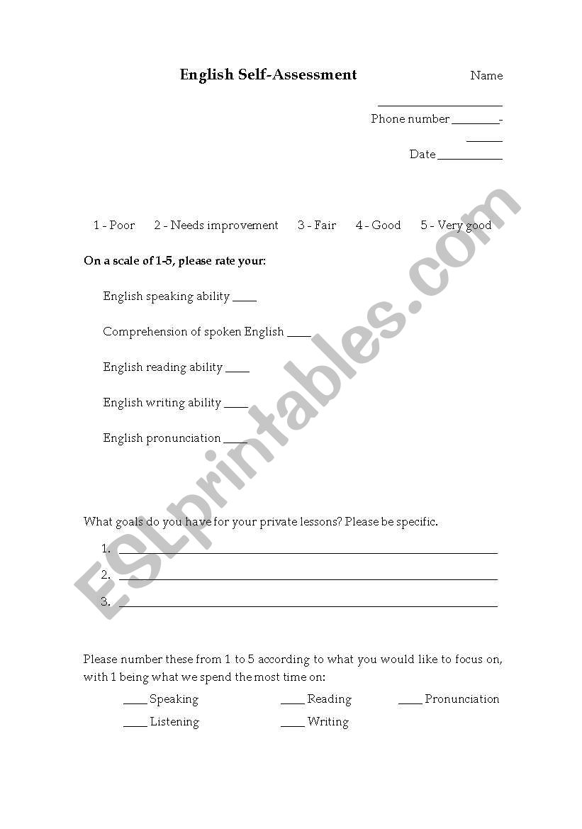 English Self-Assessment worksheet