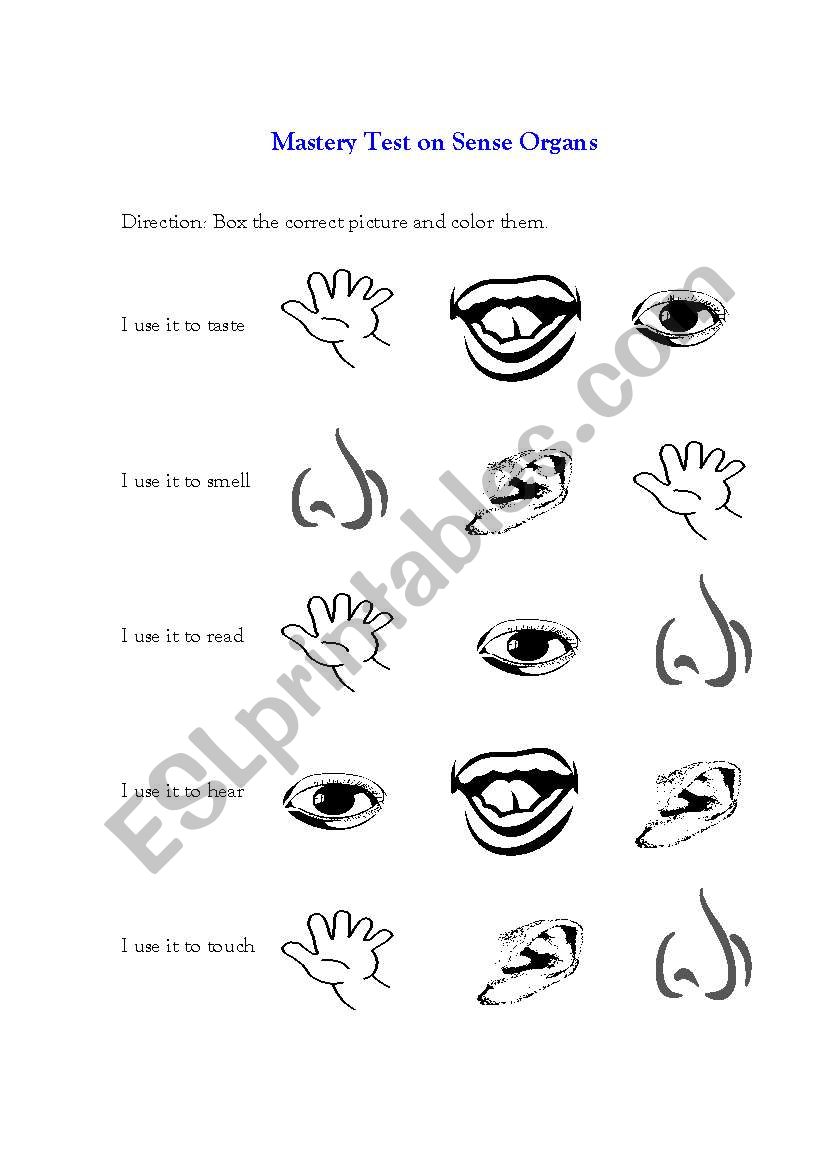 Mastery Test On Sense Organs ESL Worksheet By Crystallmae