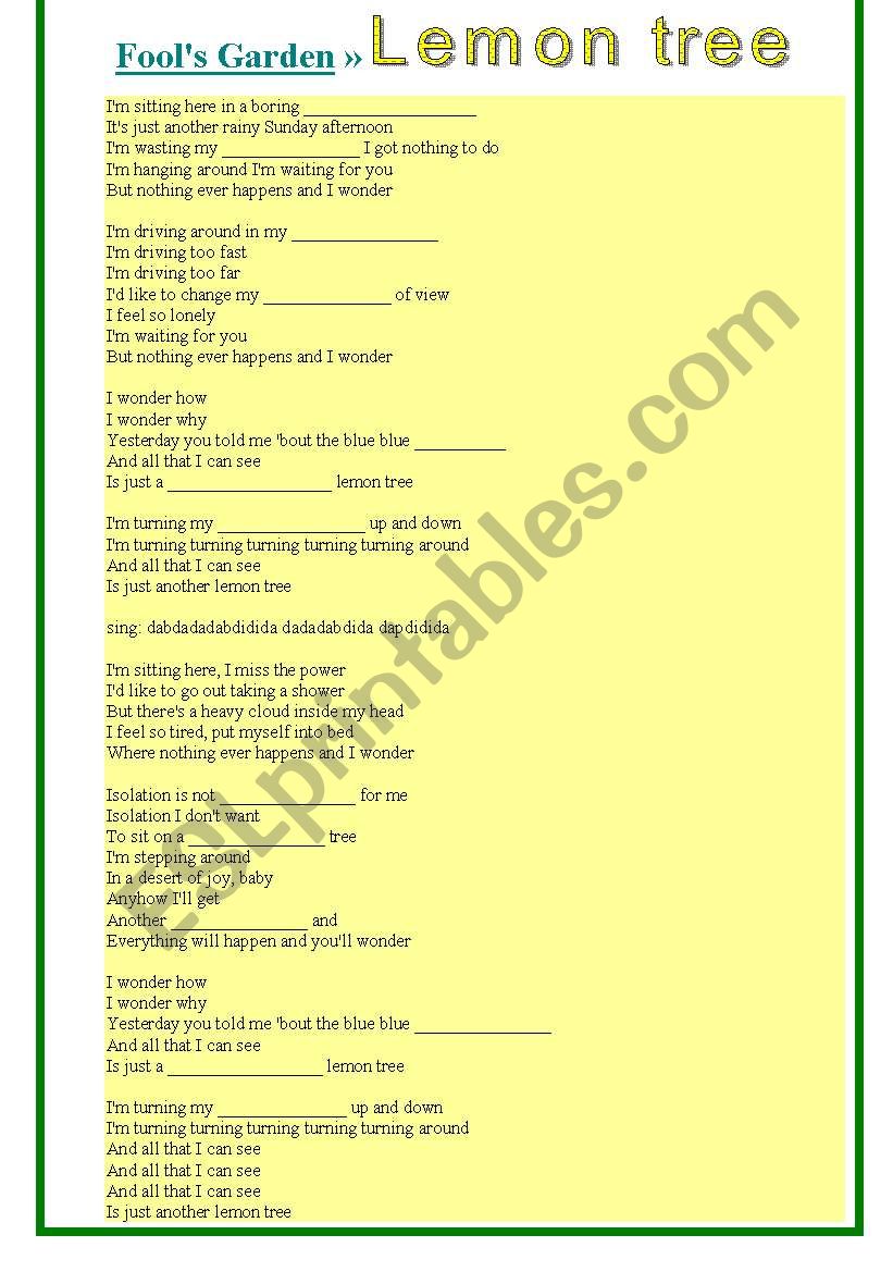 LEMON TREE by Fools Garden worksheet