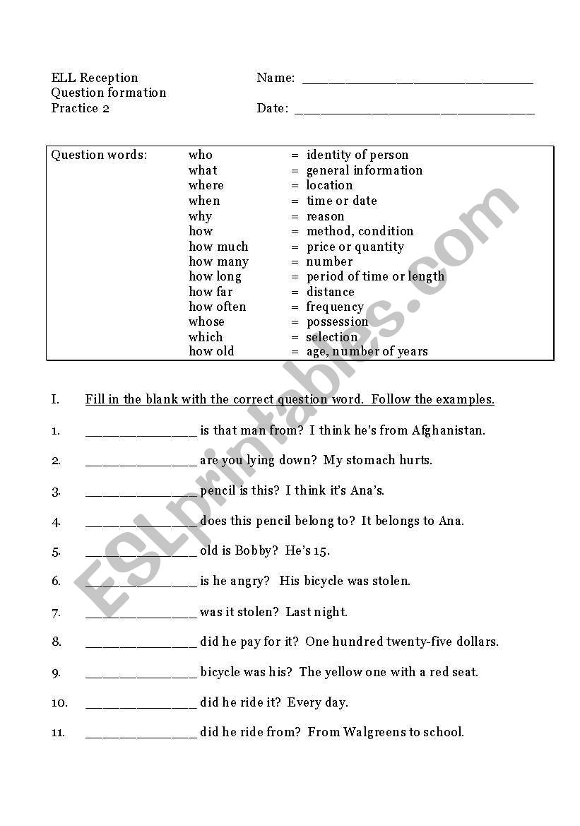 Question Words (2nd of 3) worksheet