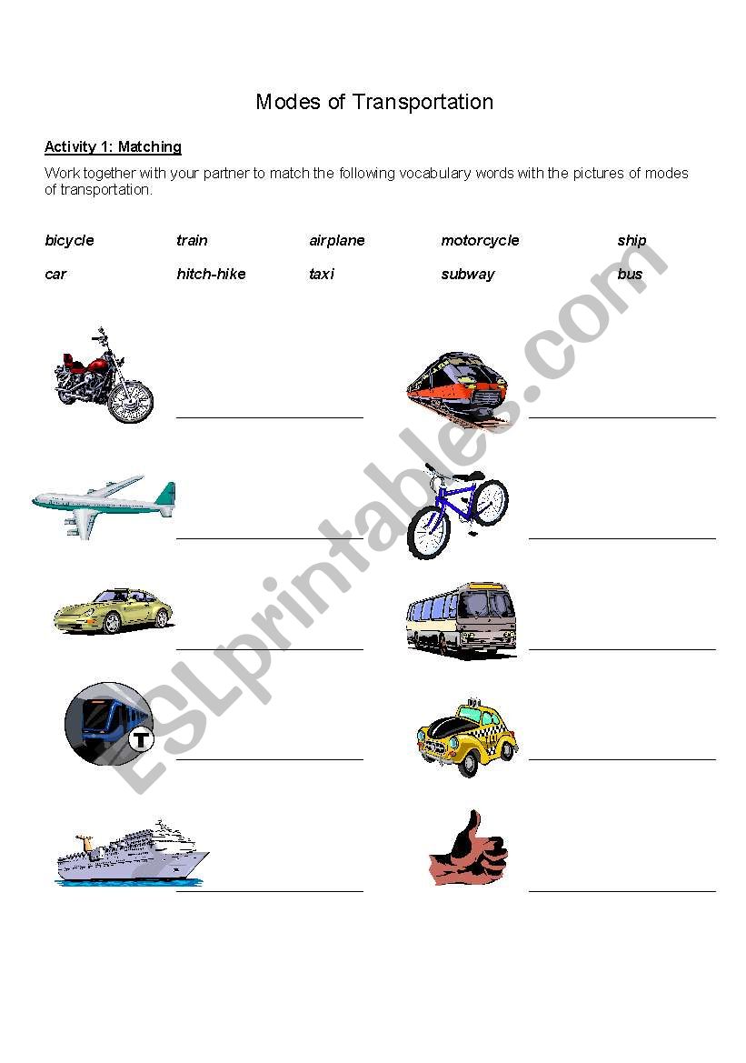 Modes of Transportation worksheet