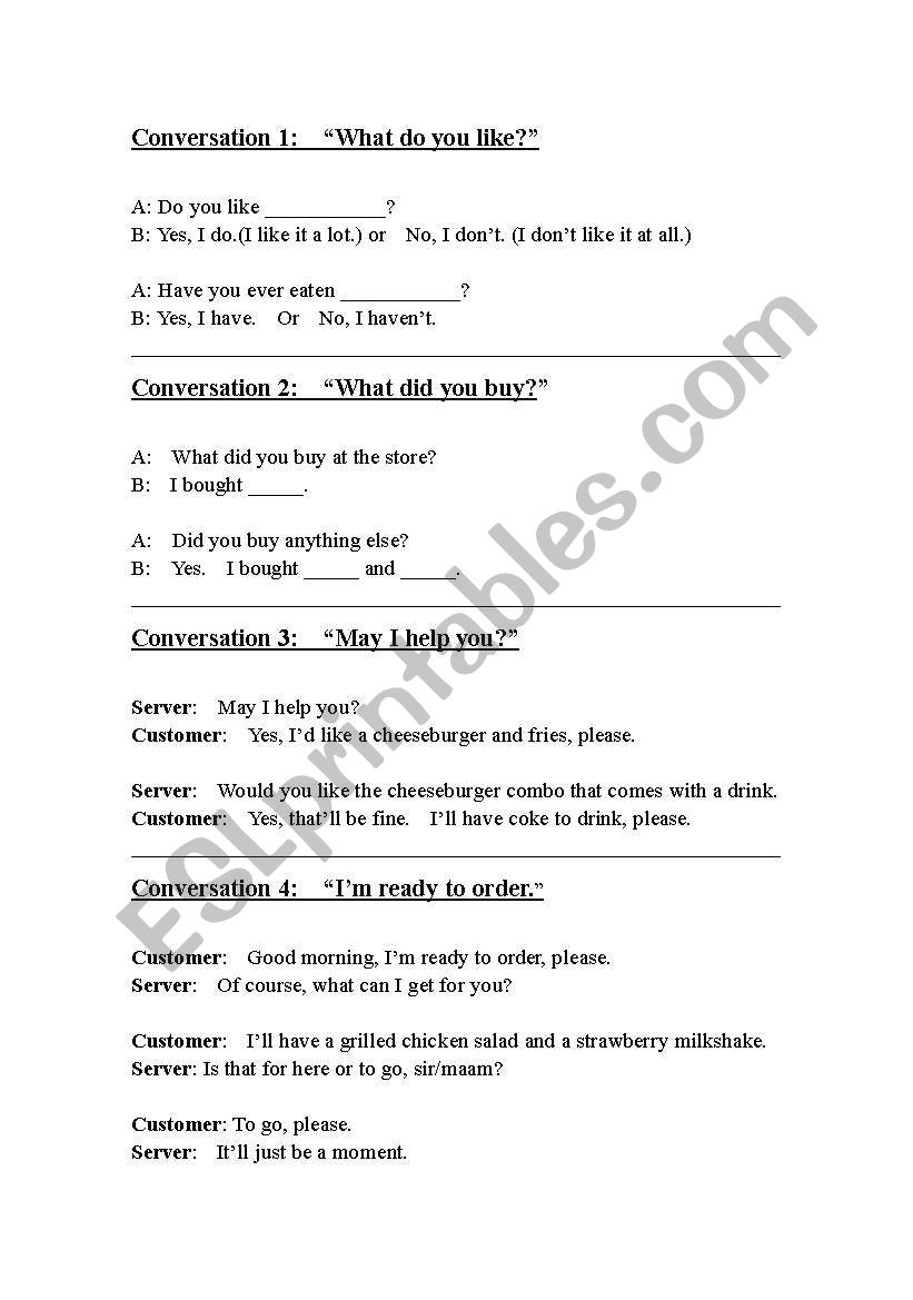 Four Situations about Food worksheet