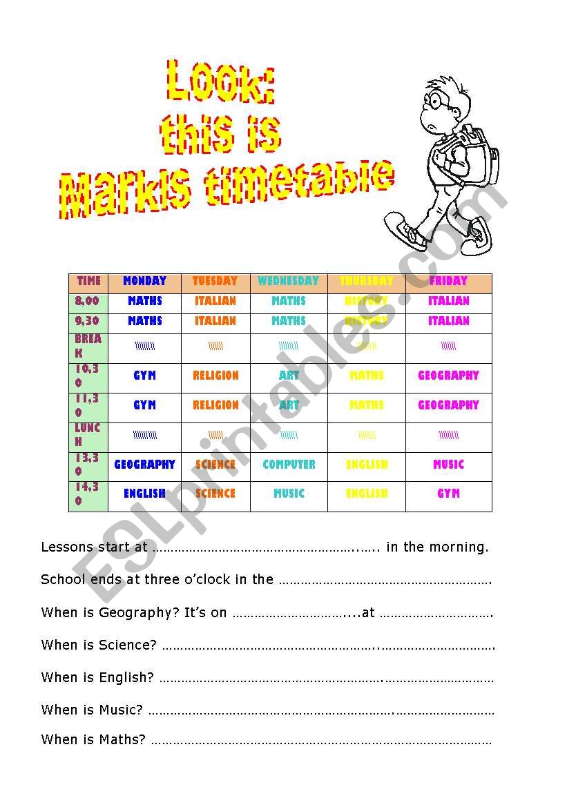 Marks timetable worksheet