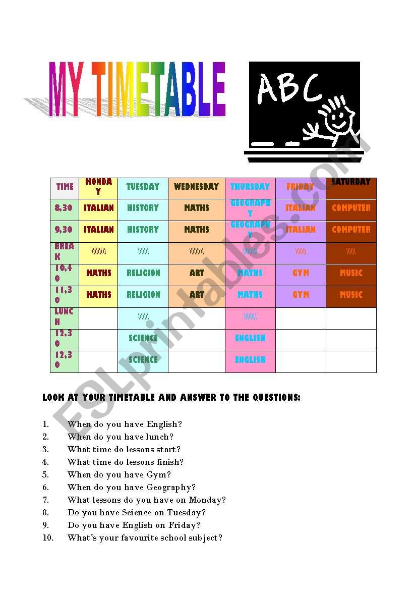 my tinetable worksheet