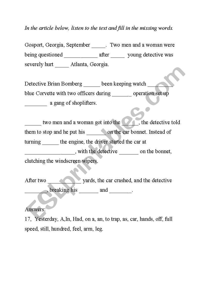 Short Listening assessment worksheet