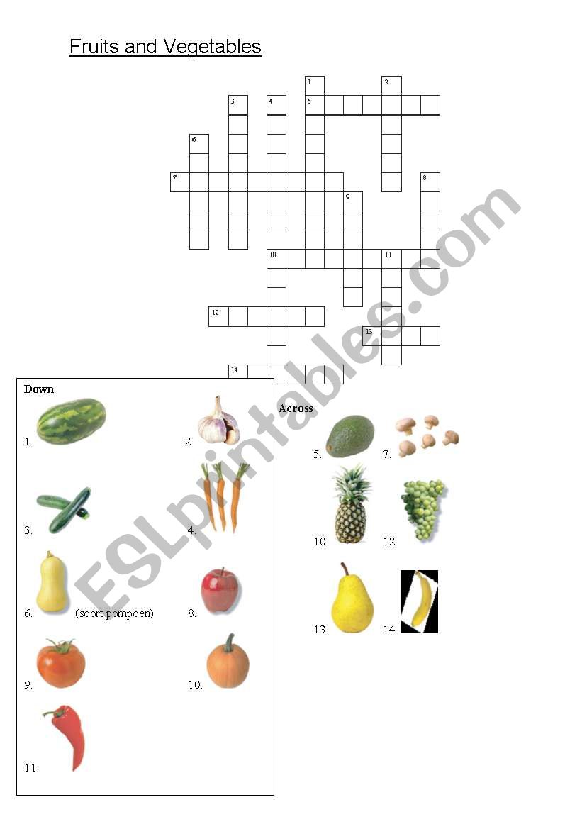 fruit and vegetable crossword worksheet