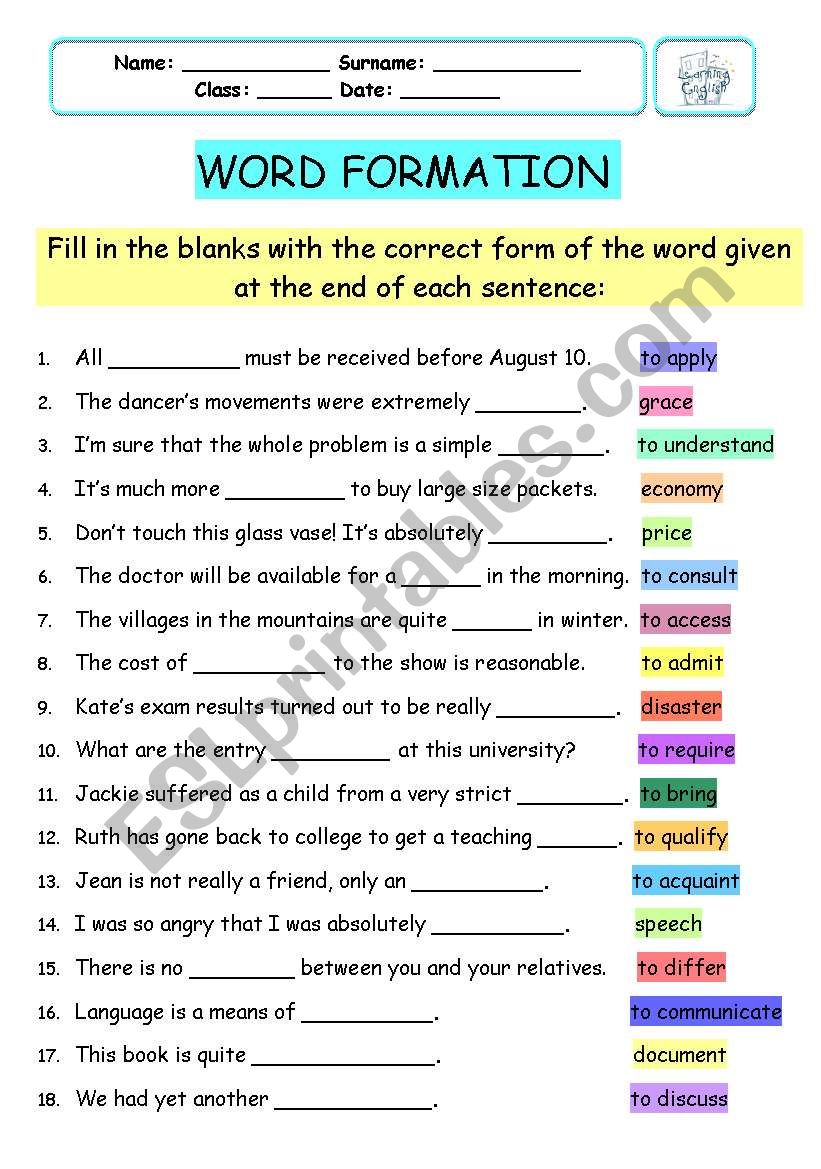 Word Formation Adjectives Worksheet