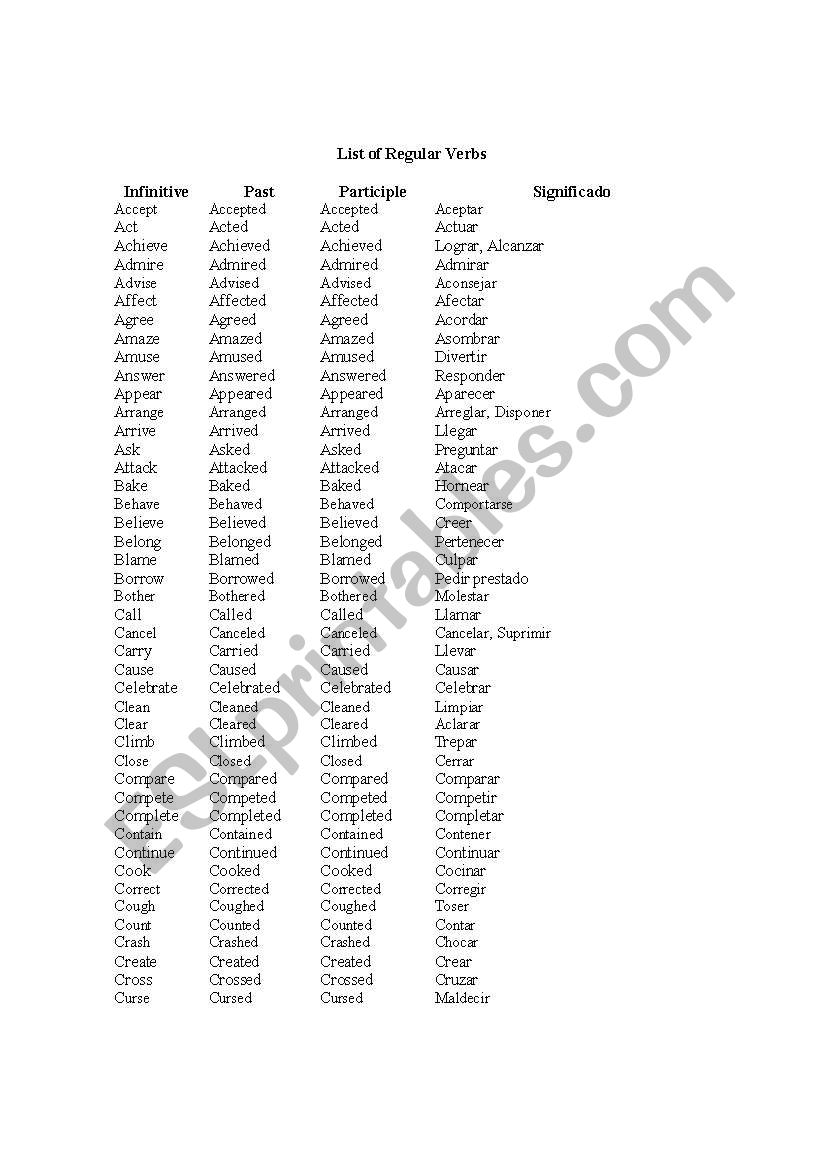 Regular verbs list worksheet