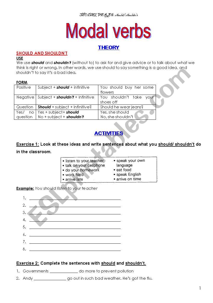 Modal Verbs: Should And Shouldn´t - ESL Worksheet By Guglielmetti Estefania