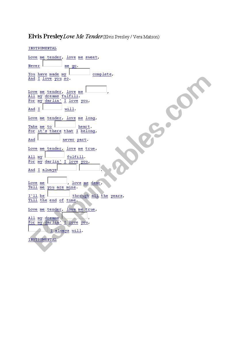 Love me Tender-Elvis Presley worksheet