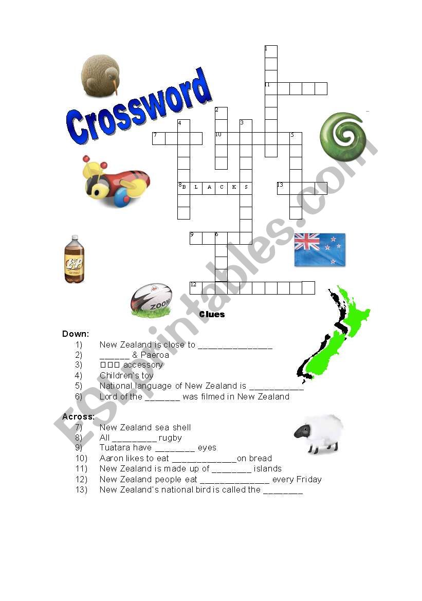 English worksheets: New Zealand crossword