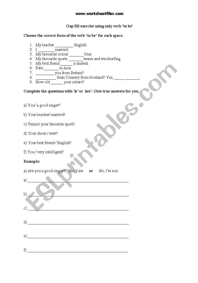 English Worksheets Verb To Be