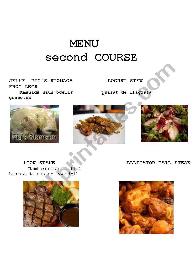 EXOTIC SECOND COURSE MENU worksheet