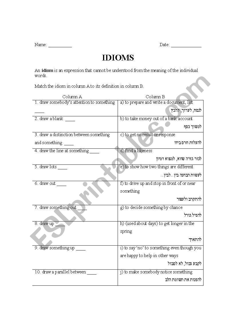 Idioms worksheet