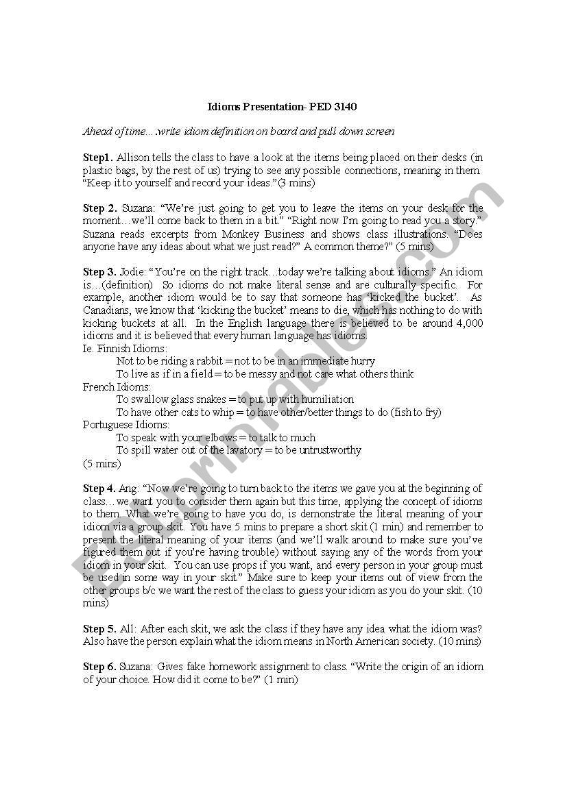 Idioms Lesson worksheet